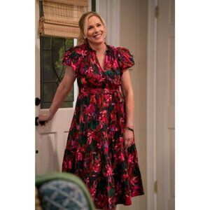 NEW Ulla Johnson Ottilie Hibiscus Pink Floral Midi Dress Tiered Garden Party